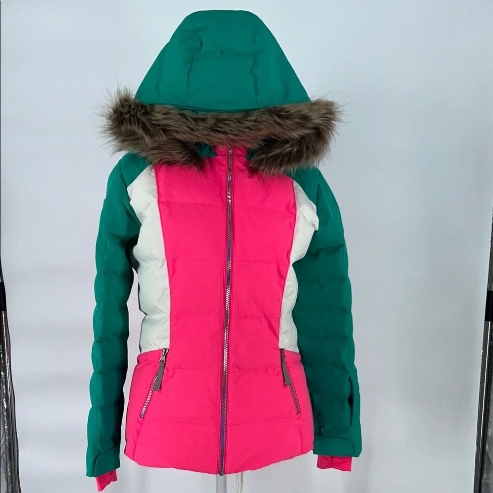 Spyder Girls Insulated Ski Jacket Pink Green Faux Fur Hood Size 16 - Picture 2 of 16